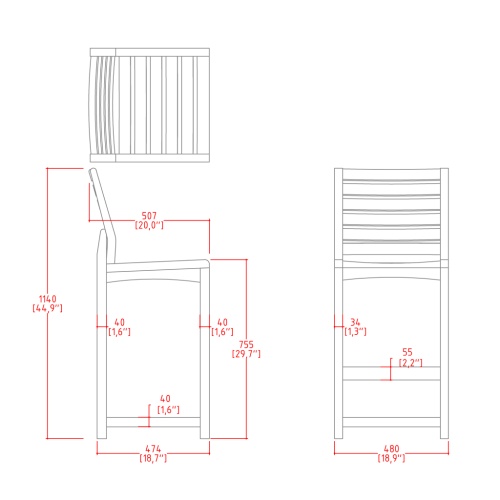 11812 Somerset Side Barstool showing autocad of chair seat and side and back views on a white background