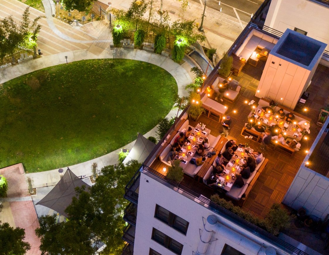 Aerial view of the Downtown LA Dinner Club Rooftop Seating Area atop The El Dorado