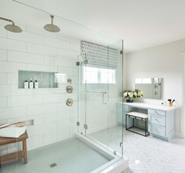 Walk in Shower with glass walls with a single mirror vanity and stool