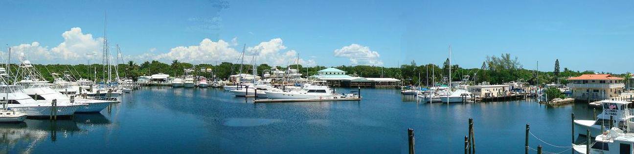  An image of the Pilot House Restaurant Marina in Key Largo, Florida with several docked boats with a boathouse and mangroves and trees with blue sky in the background.