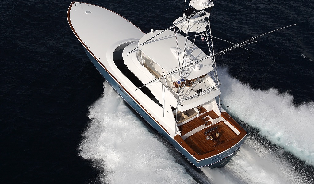 An aerial view of Viking Yachts cruising on the ocean.