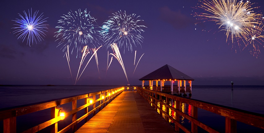An image of fireworks at the end of the pier in Key West, Florida.