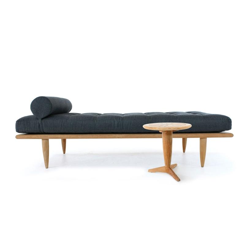 alt="14815 saloma teak side table in front of saloma cushioned daybed set front view on white background"
