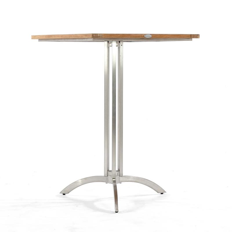 alt="70075 Vogue teak and stainless steel 30 inch square bar table side view on white background"