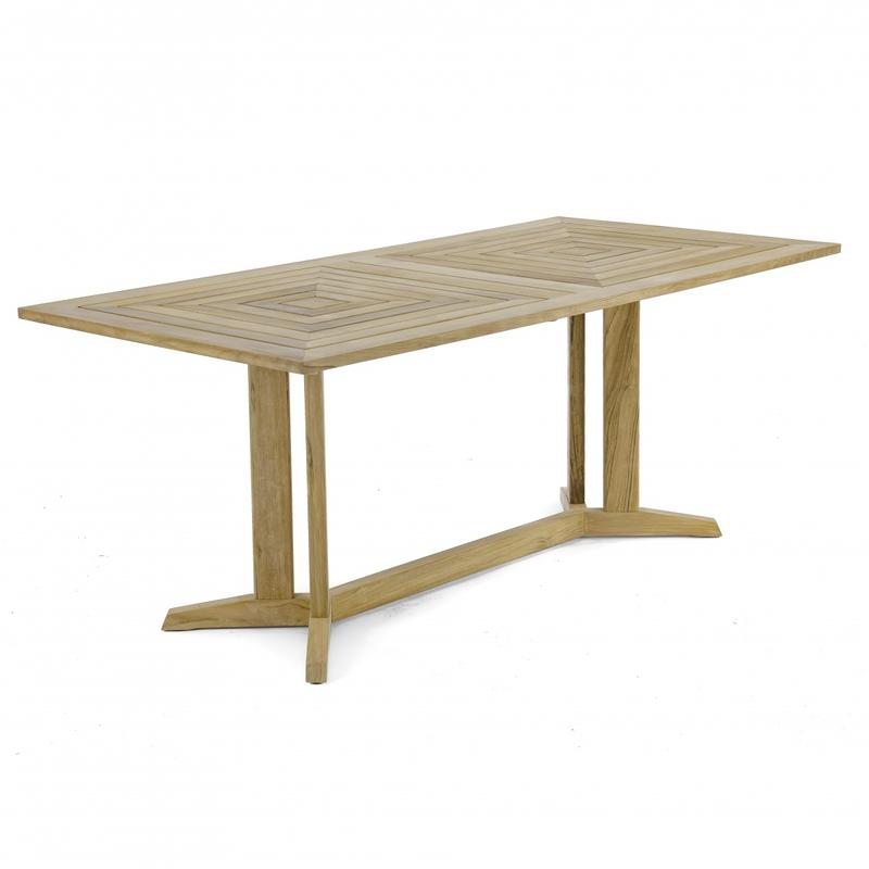 alt="70517 Sussex Pyramid teak rectangular dining table angled side view on white background"
