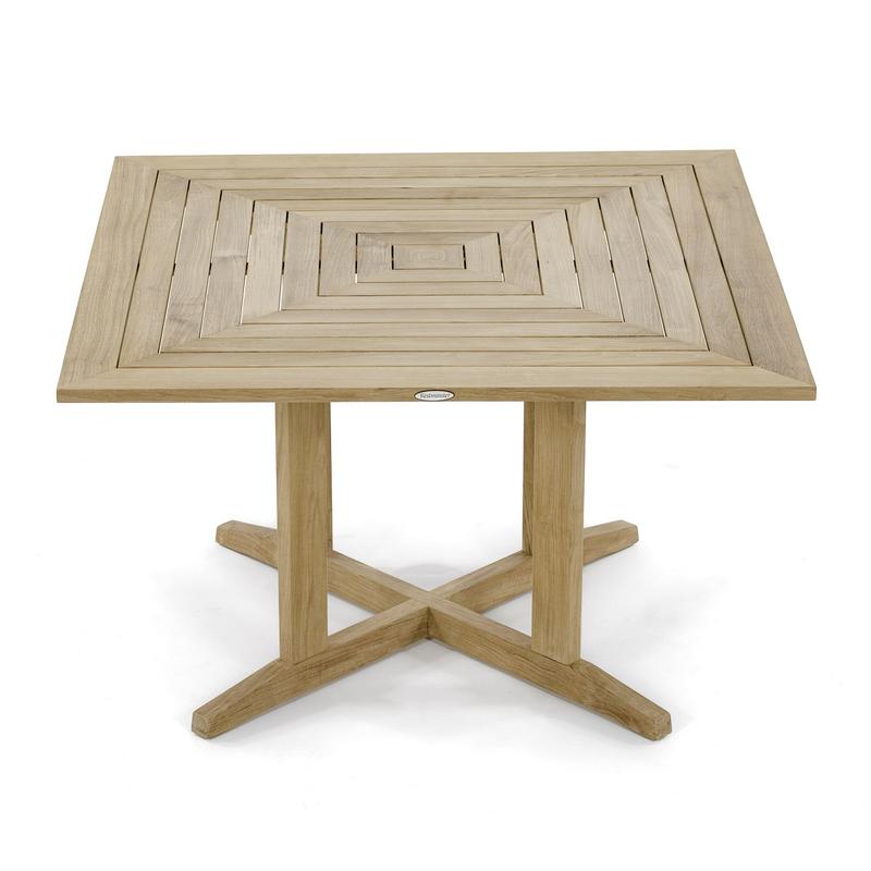 alt="15823 Pyramid Teak 48 inch Square Dining Table angled top view on white background"