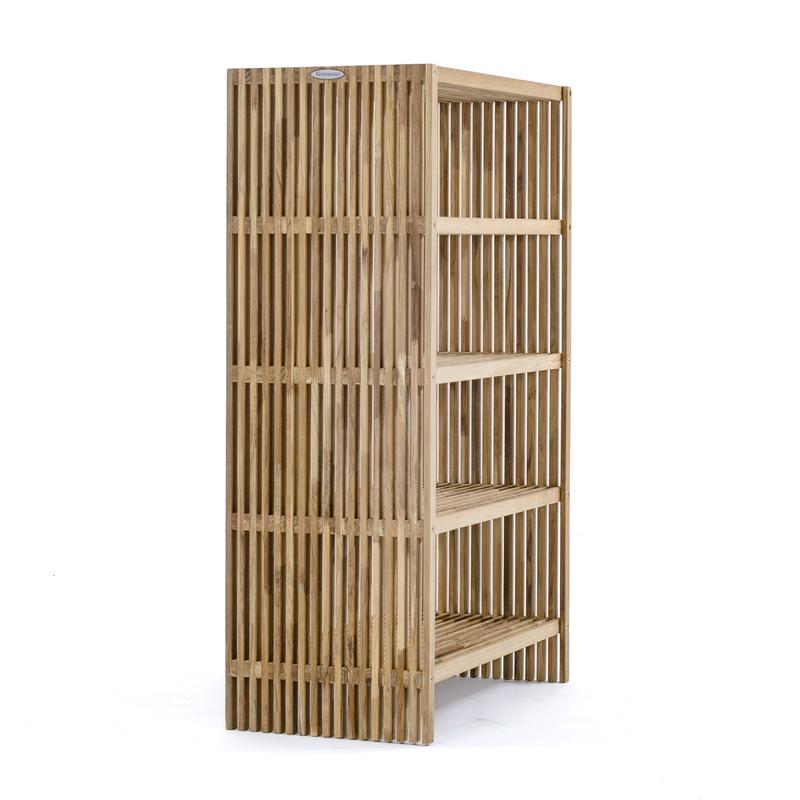 alt="18221 Teak Storage Shelf 48 inch height side angled view on white background"