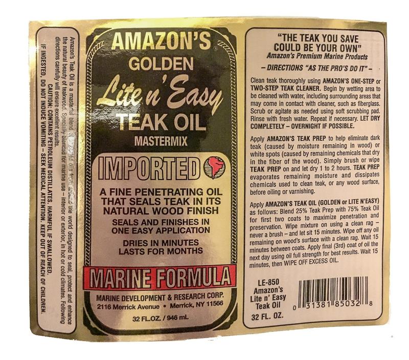 alt="30120 Amazon Lite N Easy Teak Oil label on 16 ounce bottle on white background"