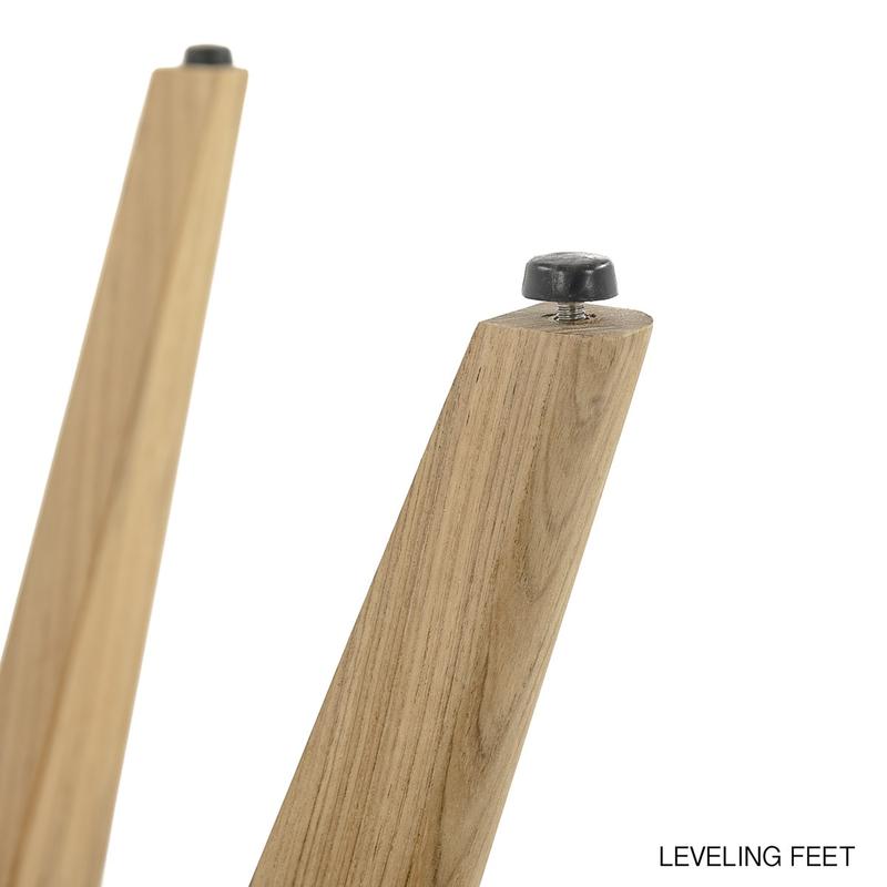 alt="15916 Surf 42 inch Round Teak Table bottom legs showing closeup of floor leveler on white background"