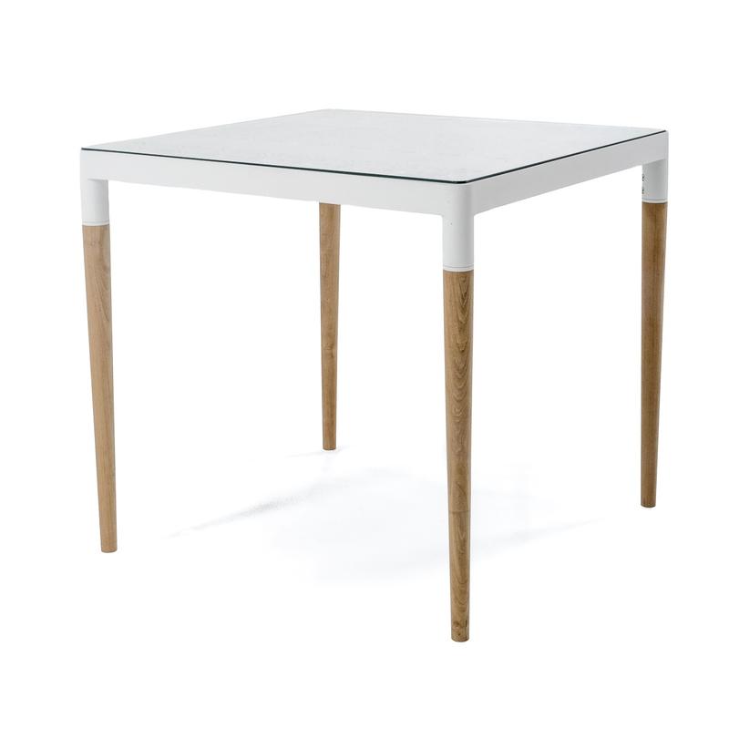 alt="70614 Bloom 32 inch square teak and powder coated aluminum dining table angled corner view on white background"