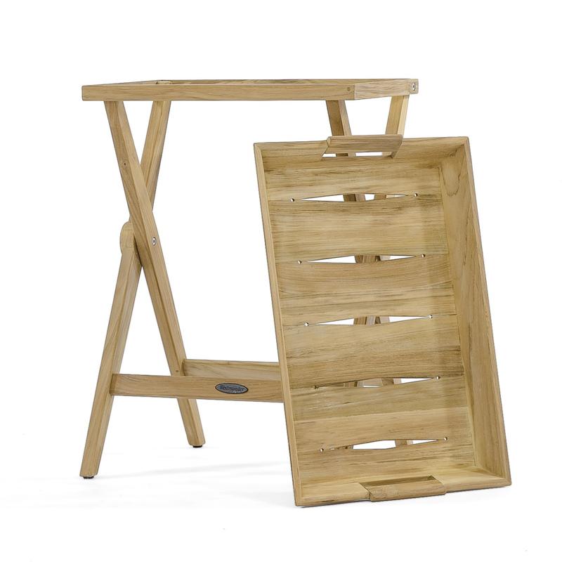 alt="17440 folding teak tray table with tray leaning up against stand on white background"