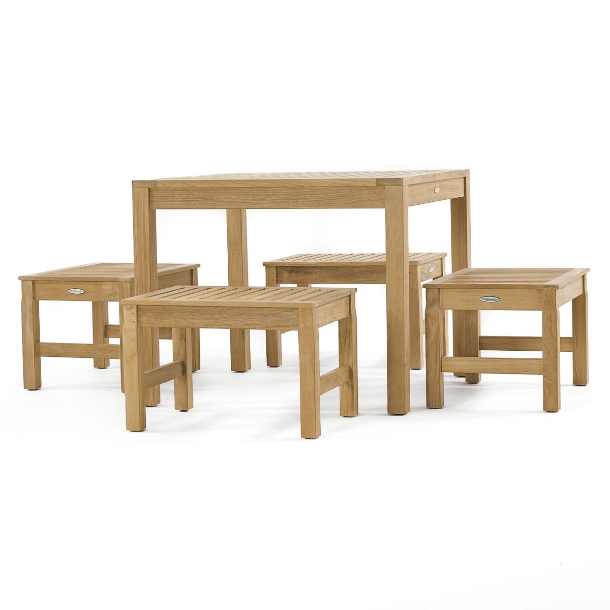 70520 Brunswick 5 piece Cafe Set of 4 teak 24 inch long stools side and 36 inch square teak table side view on white background