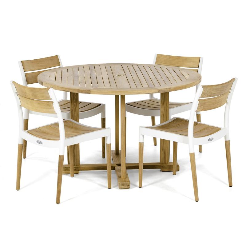 alt="70747 Bloom 5 piece Round Dining Set of 4 teak and white powder coated aluminum dining side chairs and 48 inch round teak dining table on white background  "