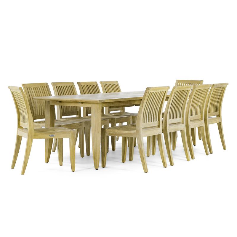 alt="70773 Laguna 11 piece Teak Dining Set of Grand Veranda Extension Table and 10 Laguna Side Chairs angled side view on white background"