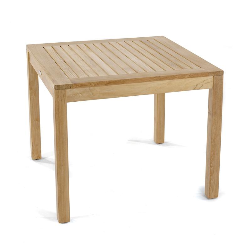 alt="70495 Horizon teak 36 inch square dining table angled view on white background"