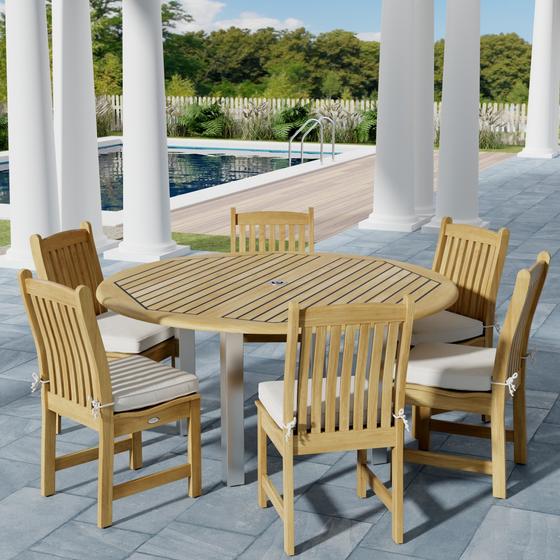 70372 Round Vogue Side Chair Dining Set of Vogue 5 ft Round Table and 6 Veranda Teak Dining Side Chair on outdoor patio next to a pool with fence and  trees in the background