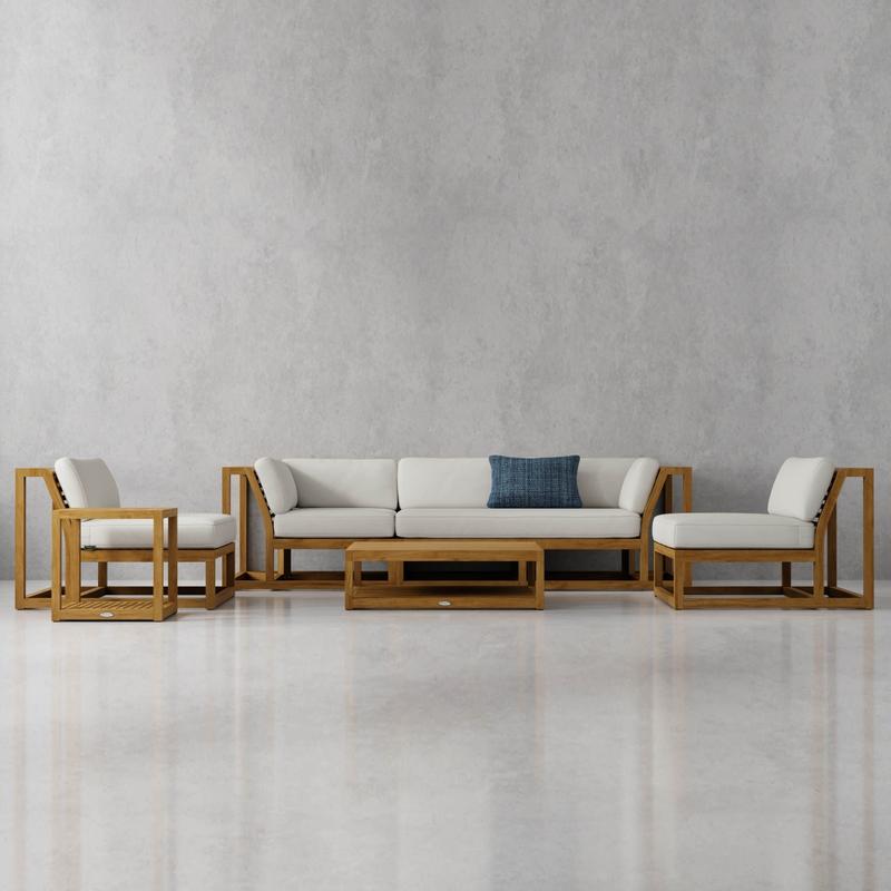 alt="70232 Maya 6 piece Sofa Set with cushions and a blue throw pillow on sofa in front view on a grey background"