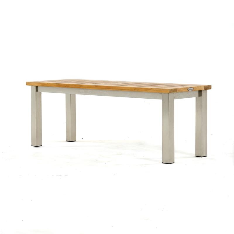 alt=" 23940 Vogue teak and stainless steel 4 foot backless bench angled view on white background"