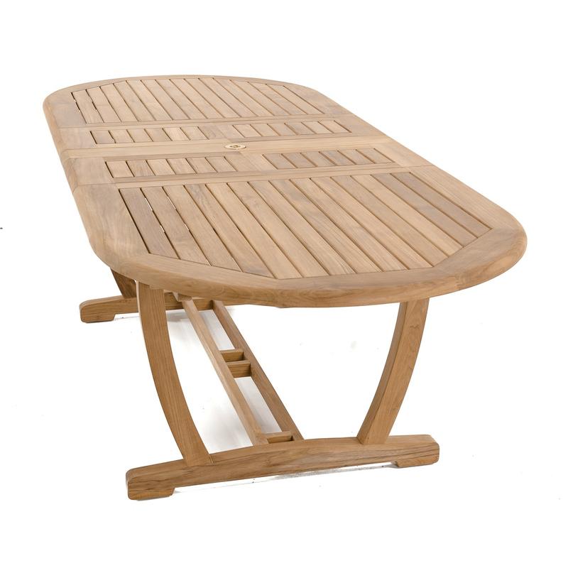 alt="15504 Montserrat Teak Table end view angled on white background"
