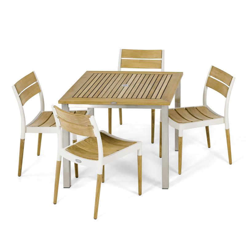 alt="70591 Vogue Bloom 5 piece Dining Set of Vogue teak and stainless steel 36 inch square dining table and 4 Bloom teak and powder coated aluminum side chairs angled view"