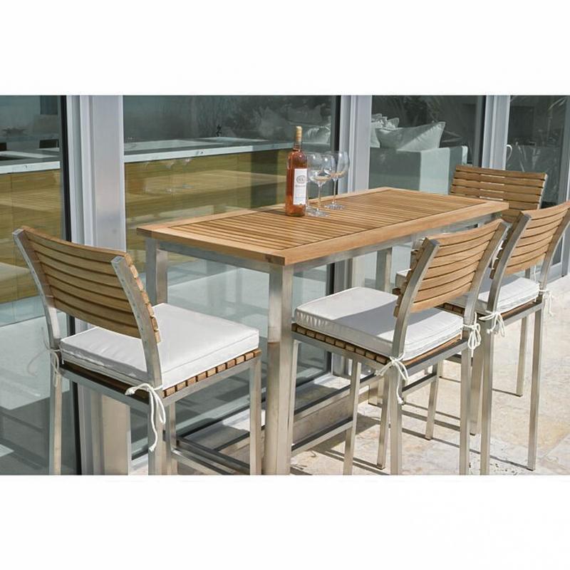 alt="25314 Vogue 5 foot Rectangular Bar Set with optional seat cushions bottle of wine and 3 wine glasses on table set on concrete patio angled view with glass sliding doors in background"