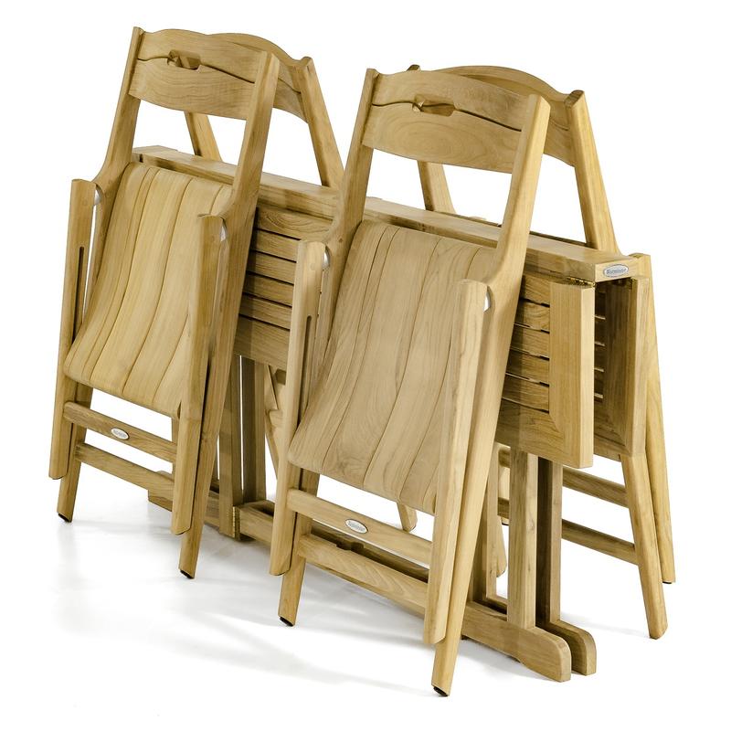 alt="70475 Surf Nevis 5 piece teak rectangular Dining Set with 4 dining chairs completely folded leaning against a folded table on white background"