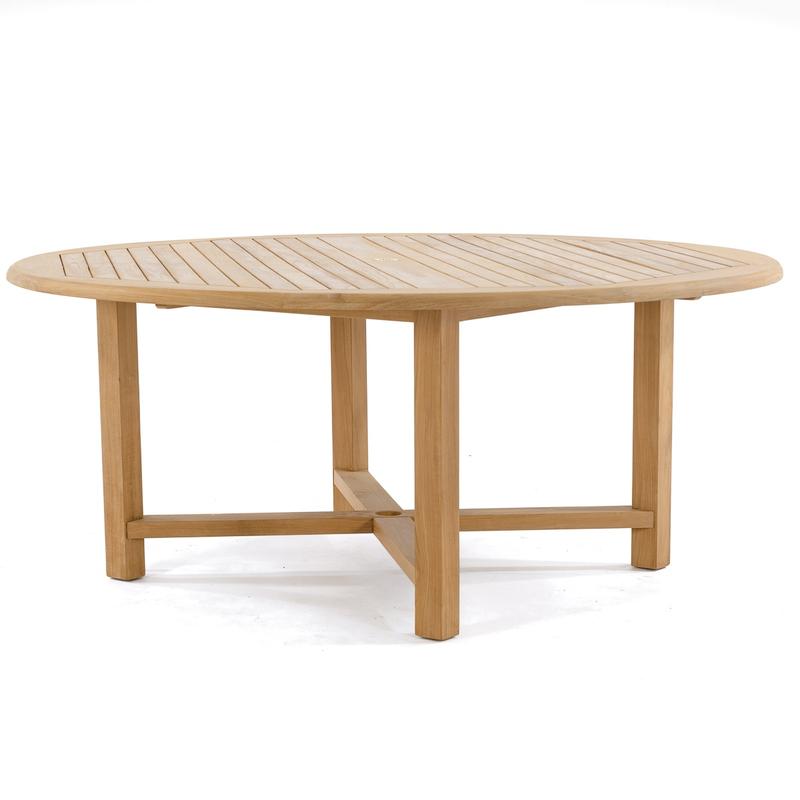 alt="70238 Buckingham Horizon teak 72 inch diameter dining table side angled view on white background"