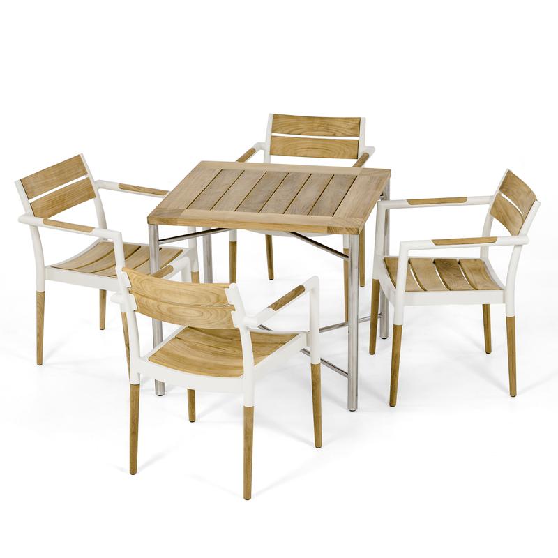 alt="70600 Odyssey Bloom 5 piece Dining Set of Odyssey folding teak and stainless steel square dining table and 4 Bloom teak and powder coated aluminum dining chairs on white background"