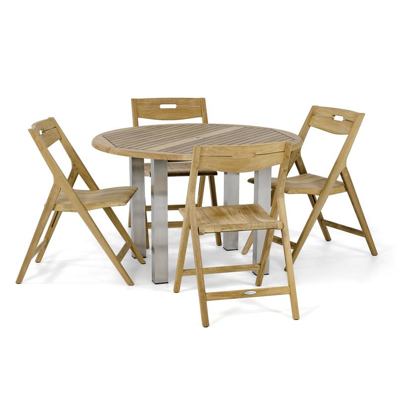 alt="70621 Vogue Laguna Dining Set of 4 teak armchairs and a teak and stainless steel 48 inch round dining table aerial view on white background"