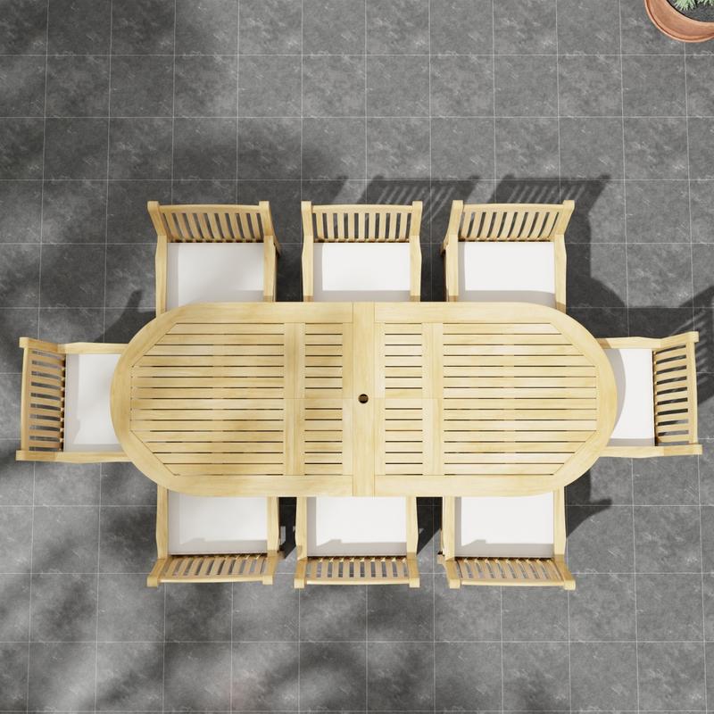alt="70178 Montserrat Veranda Teak 9 pc Dining Set of Montserrat Dining Table and 8 Veranda Side Chairs with optional seat cushions in aerial view of table top on patio"