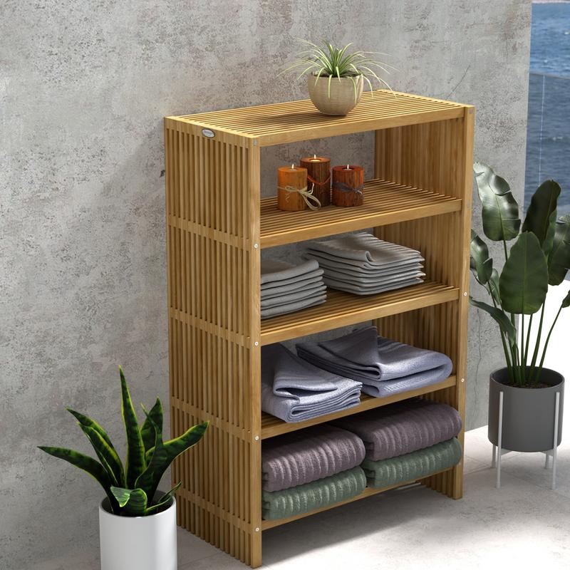 alt="18221 Teak 48 inch Storage Shelf in angled aerial view between 2 potted plants against a wall with a potted plant on top of shelf and folded towels on the 3 lower shelves with ocean in back"