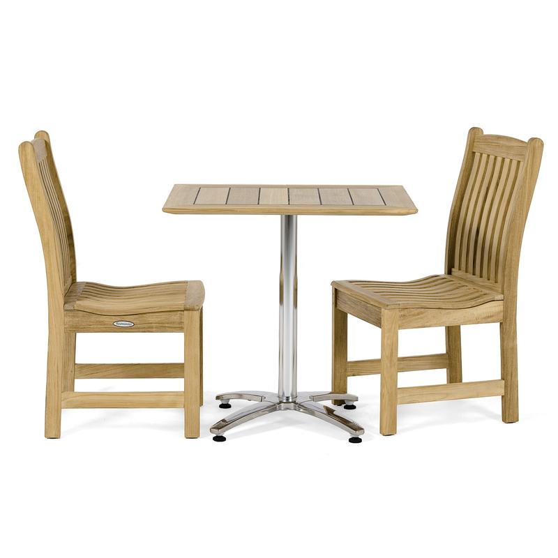 alt="70669 Veranda Vogue Bistro Set of teak and stainless steel rectangular table and 2 teak dining chairs on white background"