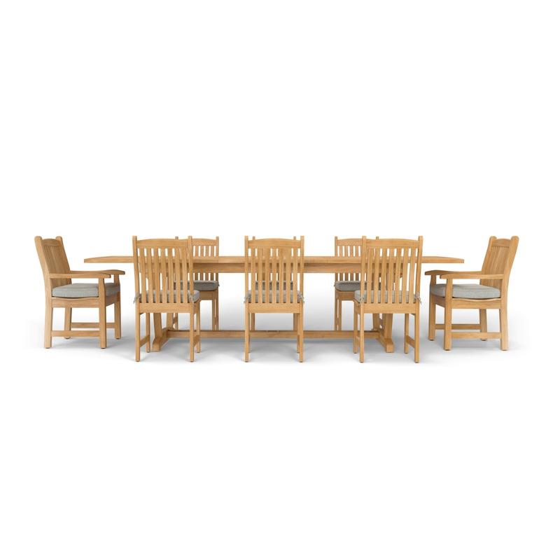 alt="70792 Veranda 9 pc Teak Dining Set showing Veranda Rectangular Dining Table and 2 Dining Armchairs and 6 Dining Side Chiars with optional seat cushions in side view on white background"