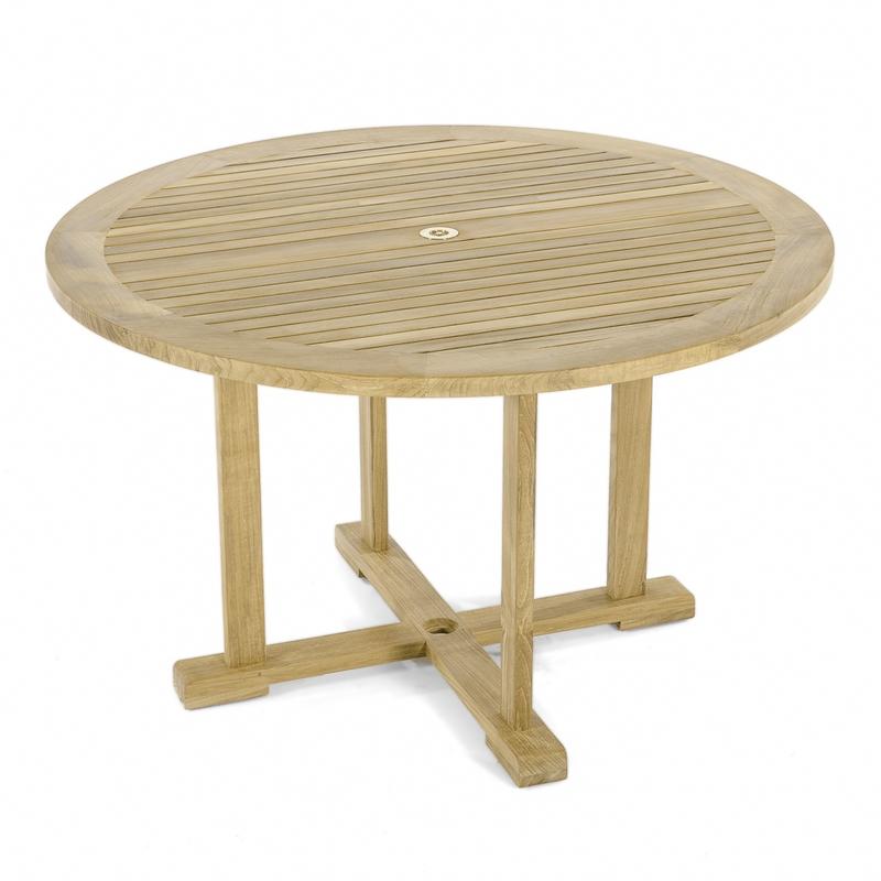 alt="70491 Vogue teak 48 inch round dining table angled on white background"