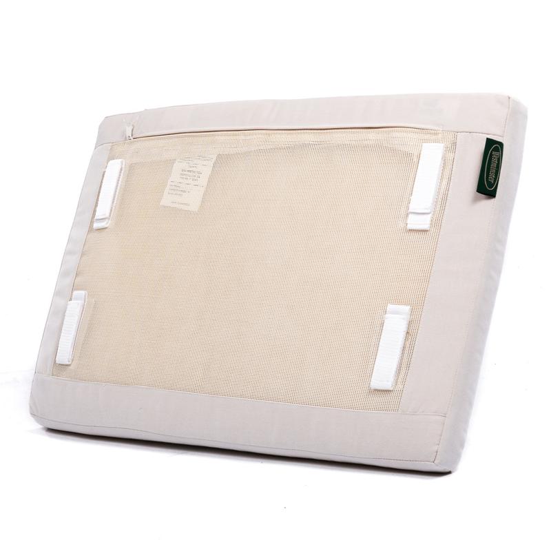 alt="78627MTO Spa Stool Cushion in canvas color angled view of cushion bottom showing attachment straps on white background"