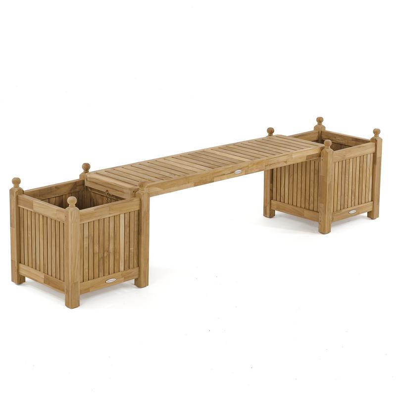 alt="18110 teak planter bench seat panel with two cube planters on white background"