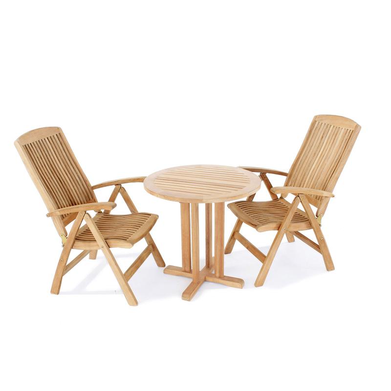 alt="70297 Reclining Teak 3 pc  Bistro Set of Teak 30 inch Round Table and 2 Barbuda Folding Chairs angled side view on white background"