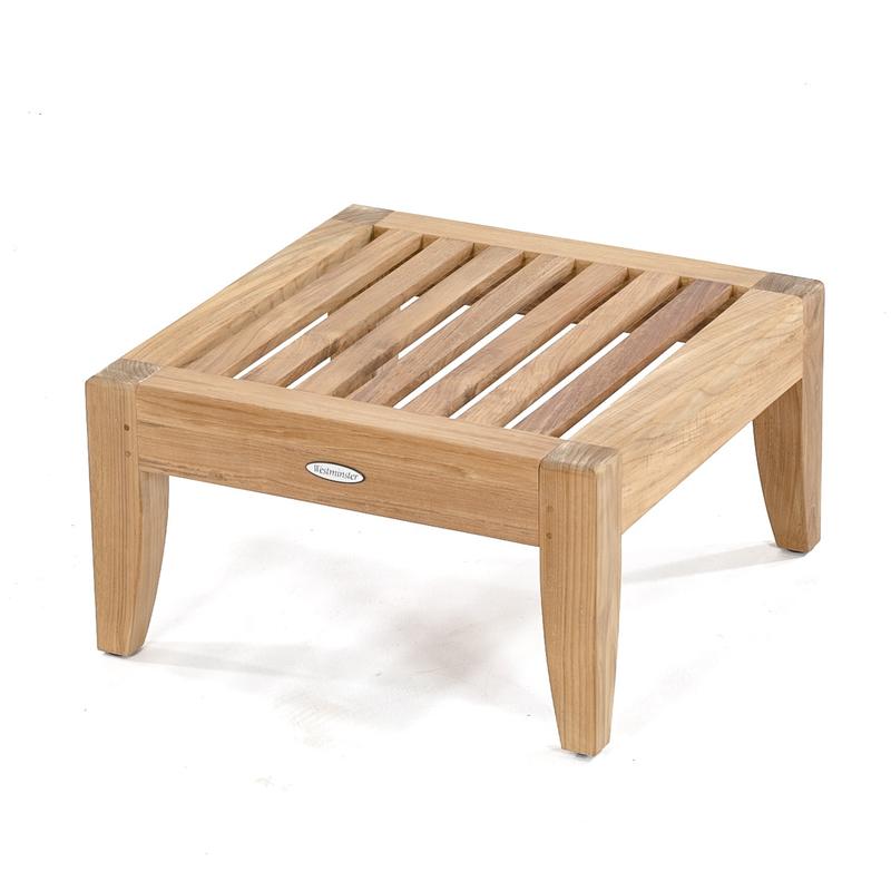 alt="18652 Laguna 22" Teak Ottoman in angled top view on white background"