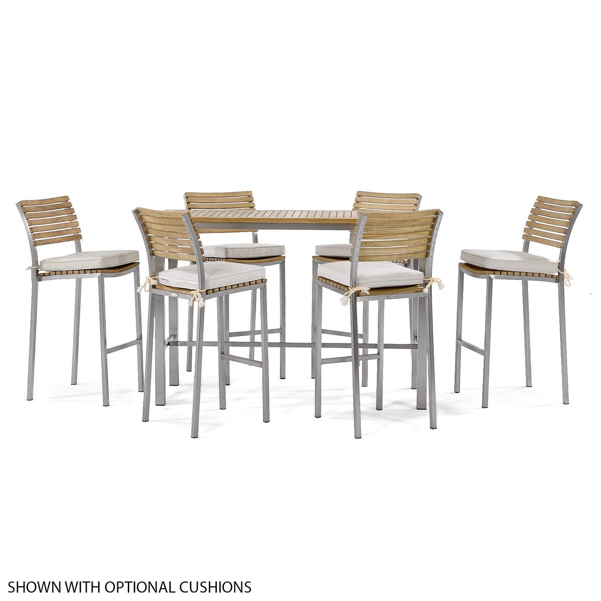70167 Vogue 7 piece stainless steel and teak Bar Table Set side view with optional canvas color cushions on seats on white background