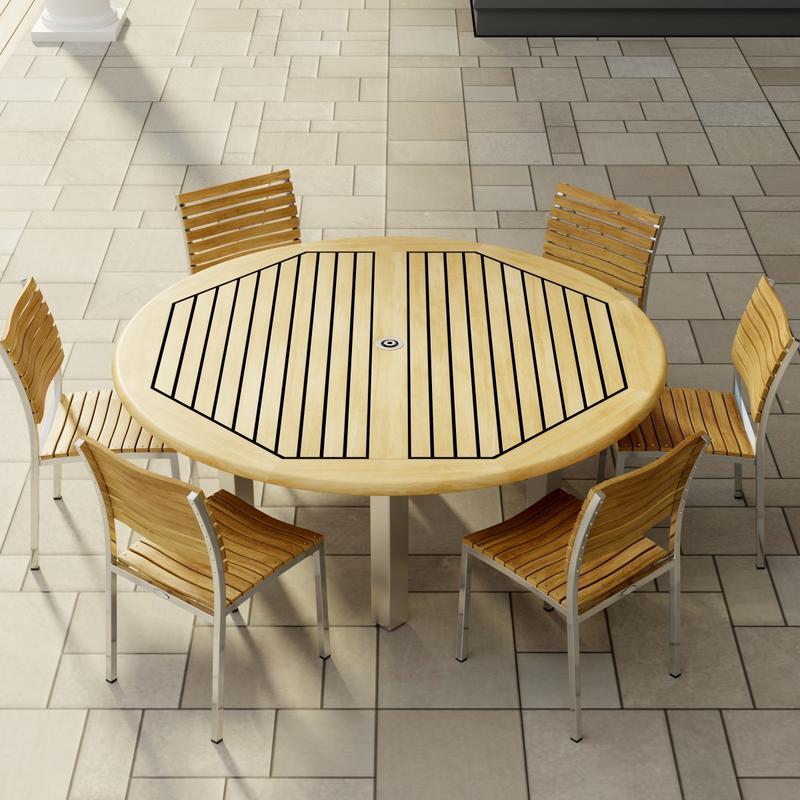 alt="70428 Vogue 7pc Round Dining Set of Vogue Round DIning Table and 6 Vogue Side Chairs in angled aerial view on tile patio "