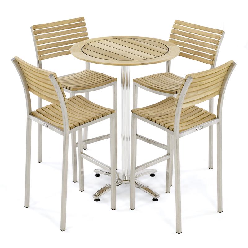 alt="70817 Vogue 5 piece Stainless Steel and Teak Wood 36 inch Round Bar Set of 4 Bar Height Side Chairs side view on white background"