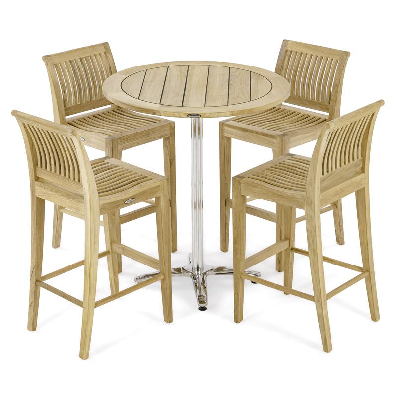 alt="70814 Vogue Laguna 5 piece 36 inch Round Stainless Steel and Teak High Bar Set aerial angled view of 4 Laguna Bar Stools and 36 inch Round High Bar Table on white background"