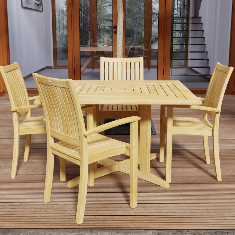 alt="70685 Sussex Pyramid 5 pc Dining Set of Pyramid Square Dining Table and 4 Sussex Armchairs in side angled view on wood deck with door to house in background "