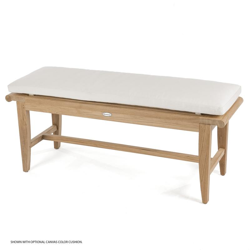 alt="13916 Laguna teak backless bench with optional sunbrella cushion side angled on white background"