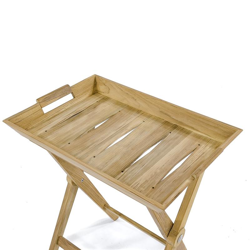 alt="17440 folding teak tray table angled top view on white background"