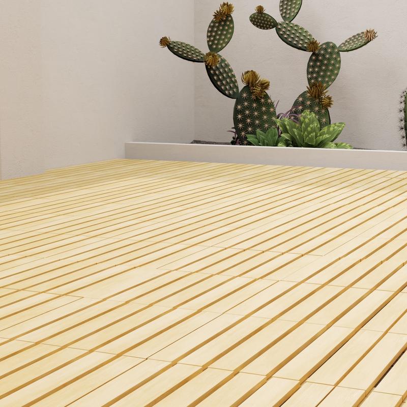 alt="18490 Callebotise Teak Floor Tiles on an outdoor patio in an angled view with a planter with cactus and succulent plants in the background"