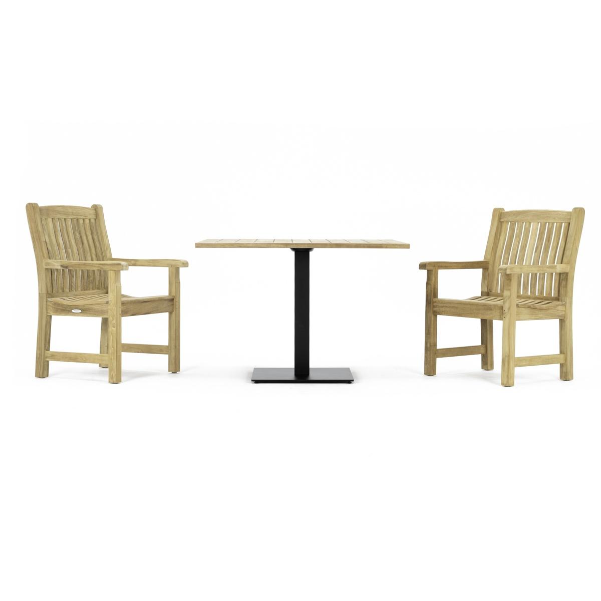 70219  Veranda 3 pc Teak Bistro Set of a Teak 42 Inch  Square Table and 2 Veranda Teak Dining Armchairs in side view on white background