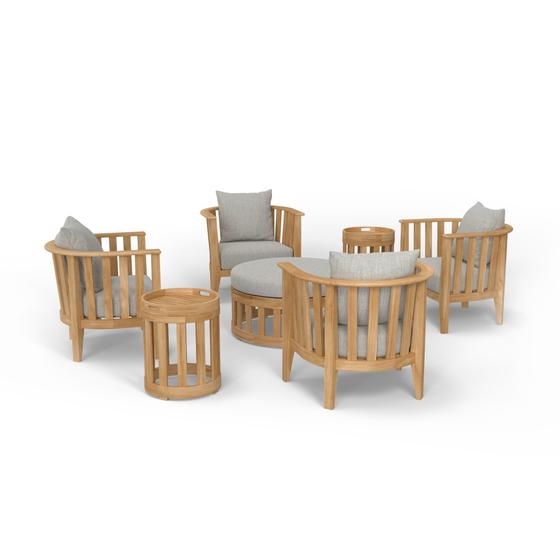 70271 Kafelonia 7 piece Lounge Set of 4 Kafelonia Club Chairs and 2 Side Tables and Coffee Table Ottoman in angled aerial view on white background
