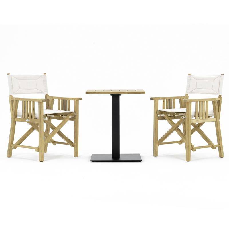 alt="70191 Barbuda 3 pc Teak Bistro Set of Vogue Teak 24 Inch Square Table and 2 Barbuda Director Chairs side view on white background"