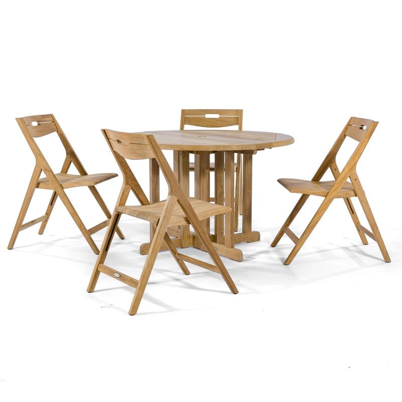 alt="70474 Surf Barbuda Folding Dining Set of 4 folding teak side chairs and 48 inch round dining table side view on white background"